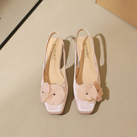 972-H93 French Sweet Design with Small Flower Square Head, Shallow Mouth, Low Heel Women's Shoes, Satin Back, Empty Rear, Tripping Strap, Thick Heel