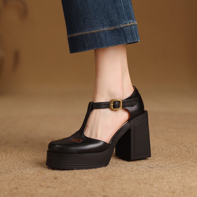 Sandal nữ đế xuồng platform gót vuông phong cách vintage khóa kim loại — màu nâu, màu đen chi tiết 40