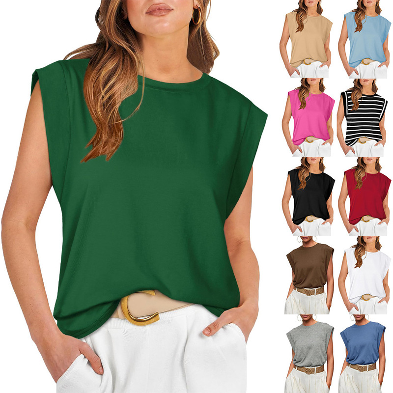Amazon European and American Cross-Border Export 2025 Spring and Summer New Round Neck Loose Short-Sleeved T-Shirt Stripesd Top Women's Vest