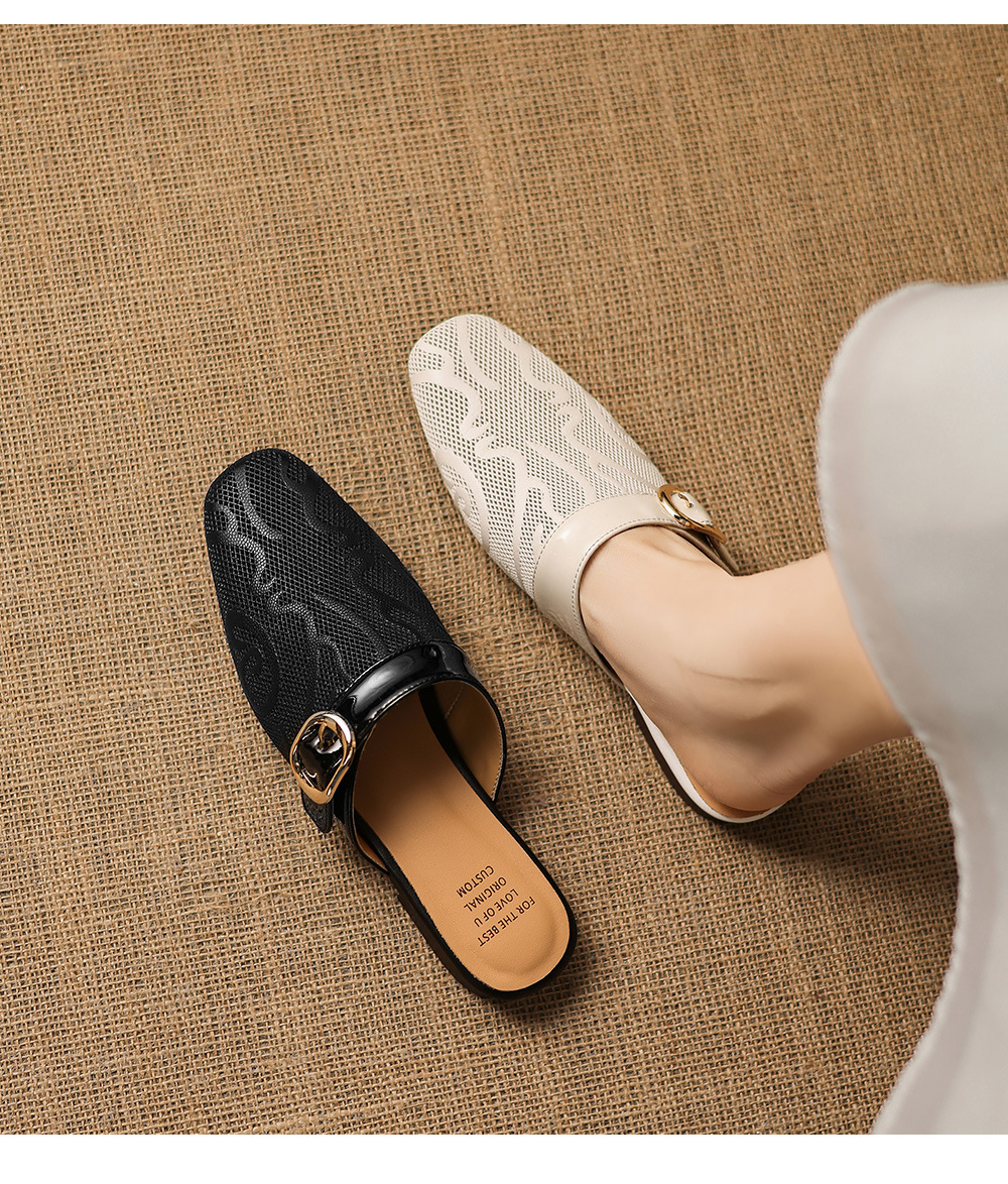 Dép sandal nữ mũi trùm đế bệt chất liệu da bò lưới sợi phong cách Muller — đen chi tiết 1