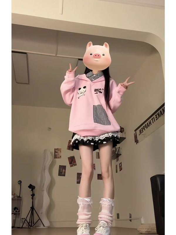 美式假两件卫衣女连帽春秋2025新款爆款设计感小众宽松减龄上衣|undefined