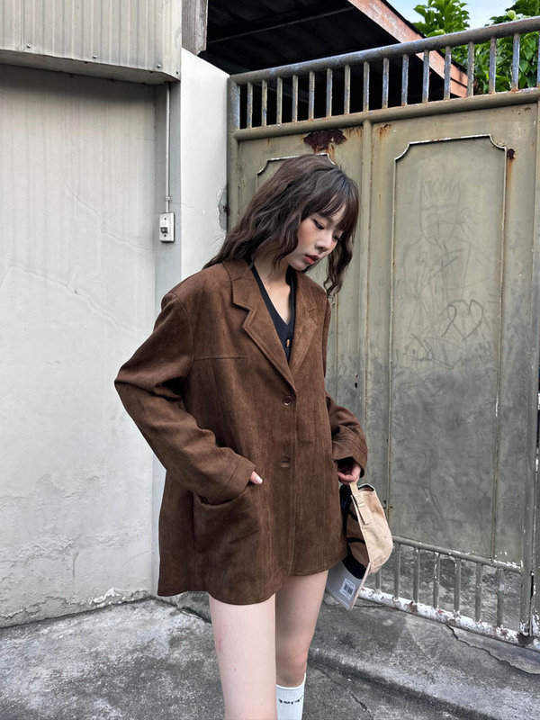 GAGD 焦糖女孩 巴恩风经典复古美拉德麂皮绒廓形夹克西装外套女|undefined