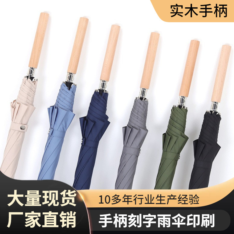 8-bone Automatic Solid Wood Long-handled Straight Umbrella Men's Business Umbrella Gift Umbrella With Printed Pattern