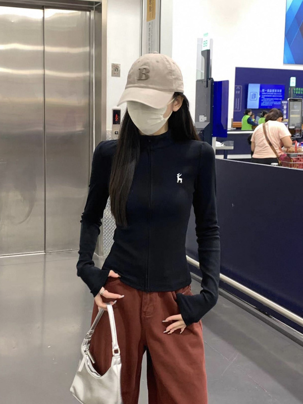 美式设计感半高领双拉链开衫女秋新款刺绣百搭修身显瘦外穿上衣潮|undefined