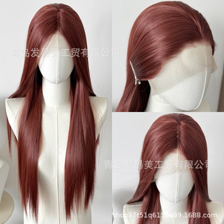 Red-brown lace front wig, high-temperature synthetic hair, natural-looking long straight hair, can be freely parted, with pre-plucked hairline Red-brown lace front wig, high-temperature synthetic hair, natural-looking long straight hair, can be freely parted, with pre-plucked hairline
