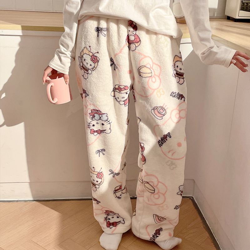Pantalones de pijama de franela de dibujos animados de otoño y invierno para mujeres con pantalones de lana de coral caliente para estudiantes de lana de invierno para el hogar