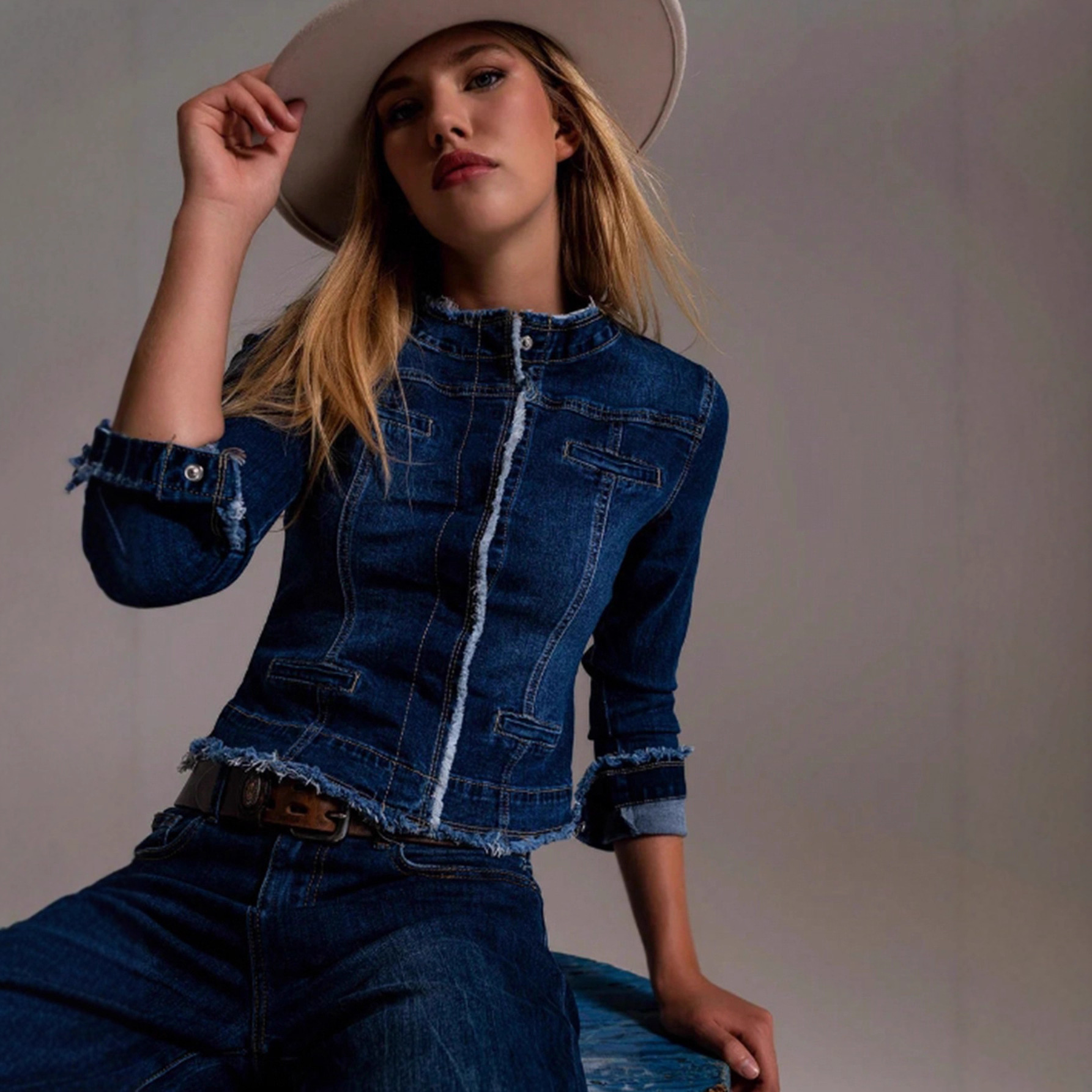Women's Raw Edge Denim Jacket – Dark Blue, Inspired Cropped Style (S-XXL, European/US Sizing)_ecoleips.com