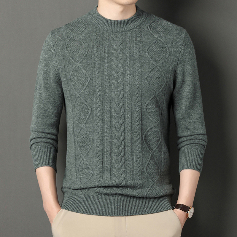 Men's Knitted 100% Wool 2026 New Style Ribbed Jacquard Solid Color Half-Turtleneck Pullover Thick Warm Long-Sleeve Sweater