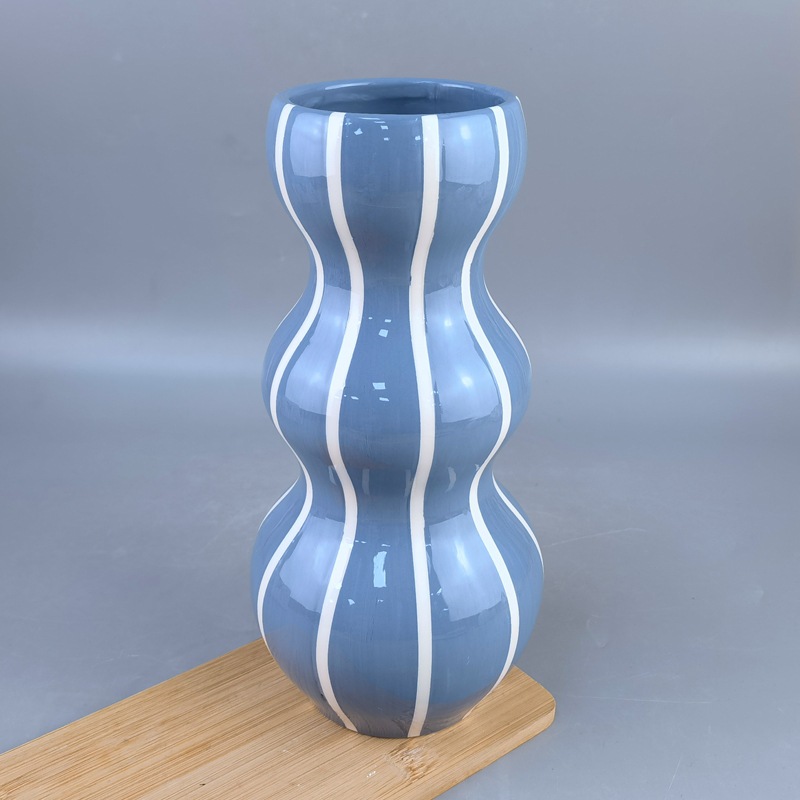 Florero de calabaza de flores de cerámica cuidadosamente seleccionado, florero de cerámica, inserto de flores de carretera a rayas, decoración creativa del hogar