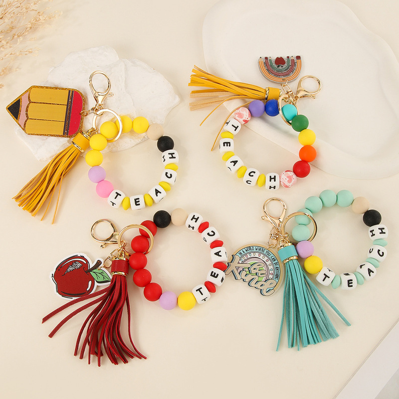 Cross-Border Creative Silicone Bead Bracelets Multi-Color Teacher's Day Keychain Letter Accessories Fashion Tassel Pendant Bag