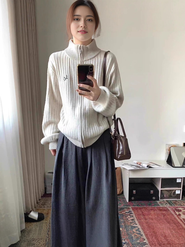 半高领灰色毛衣开衫外套女秋冬季2025新款慵懒风宽松针织上衣外搭|undefined