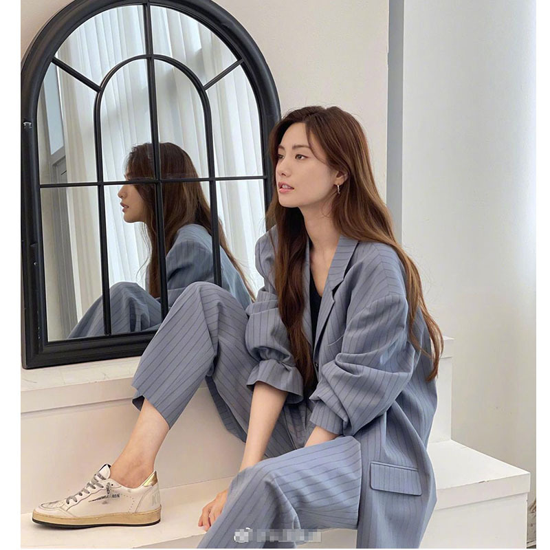 Lin Zhenna's Same Style Striped Blazer Two-Piece Set 2021 Autumn and Winter Boutique Women's Loose Casual Suit Chanel Style