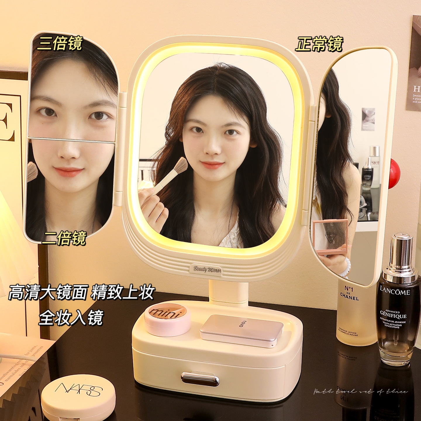Espejo de maquillaje LED con lámpara dormitorio de estudiantes de escritorio espejo luminoso portátil de lujo alto sentido espejo de tocador