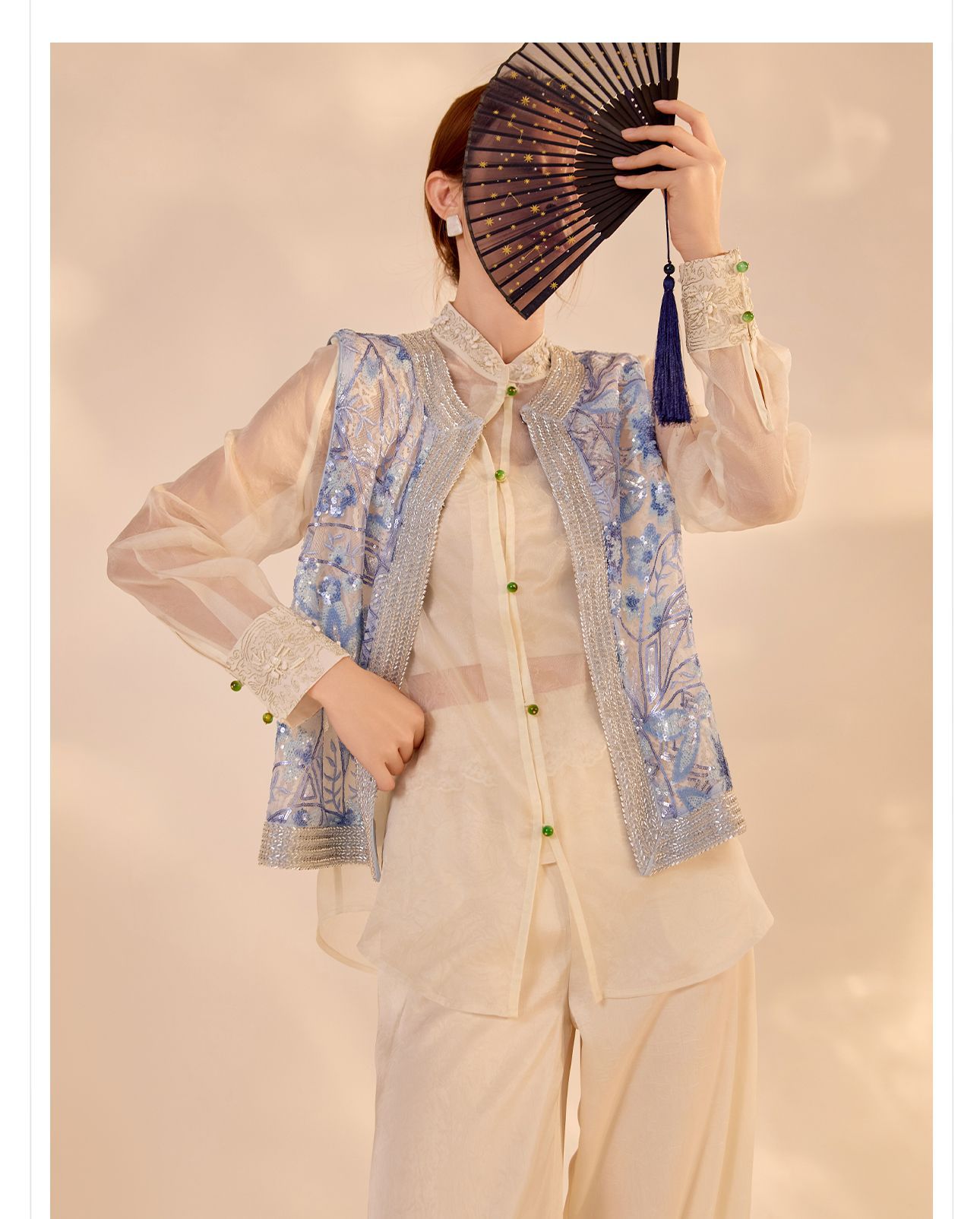 Áo vest gile nữ không tay thêu đính cườm phong cách Trung Quốc mới — màu xanh chi tiết 6