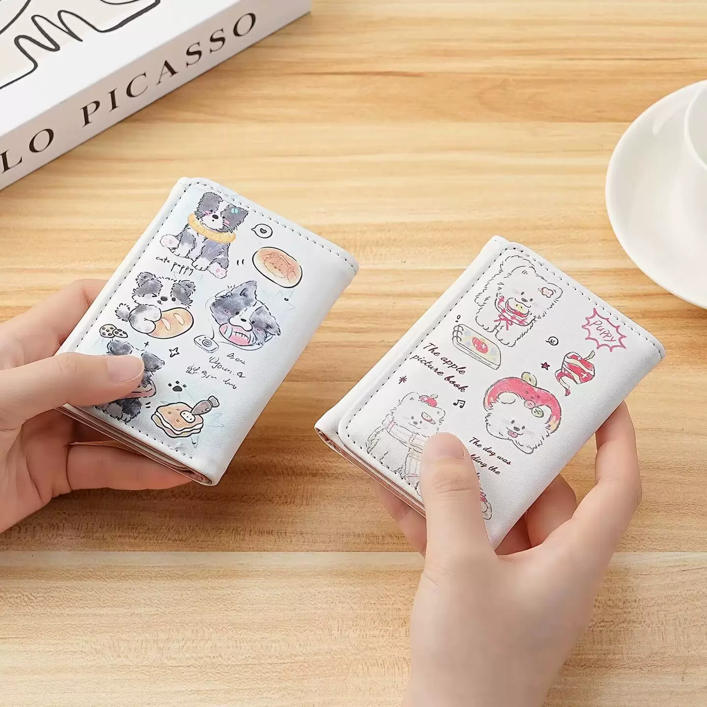 原创可爱猫猫狗狗三折钱包女小众高级感学生短款折叠皮夹卡包