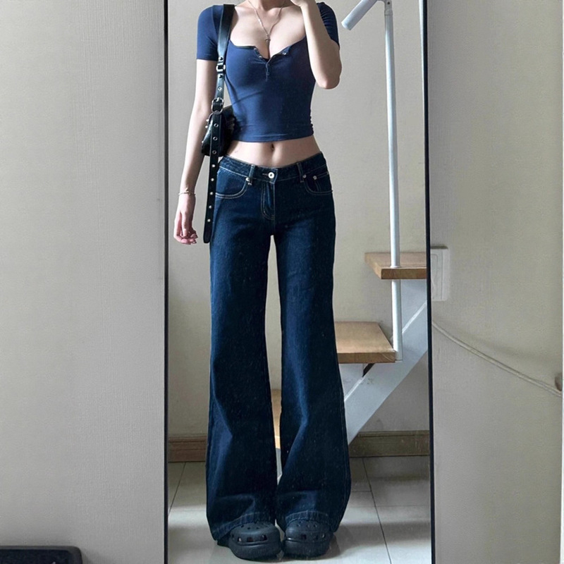 Hot Girl Retro Dark Low-Waist Bootcut Jeans for Women Autumn and Winter New Straight Slim Slim Wide-Leg Flared Pants