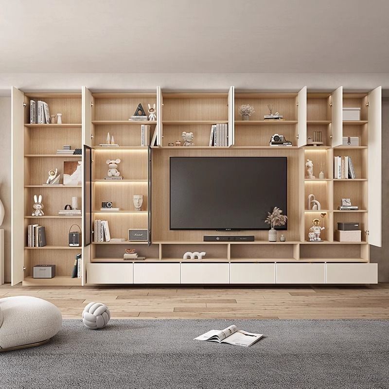 Solid Wood Tv Cabinet Background Cabinet Integrated Combination Tv Cabinet Light Luxury Living Room Solid Wood Full Wall Storage Cabinet High Cabinet Custom