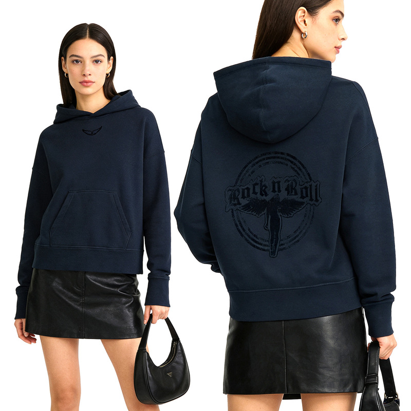 26 Spring French Niche Brand Zv Sweatshirt Versatile Style with Angel Velvet Print on the Back, Fleece-Lined Women's Hoodie Jacket