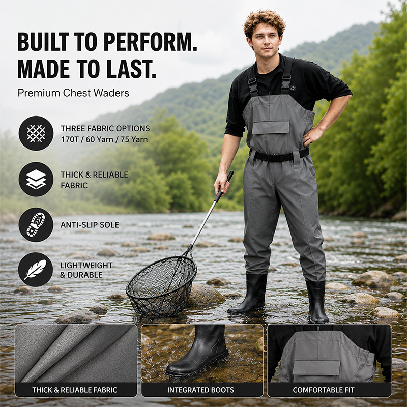 One-Piece Pvc Fishing Waders with Adjustable Shoulder Straps and Front Storage Pockets, Plus a Drying Strap