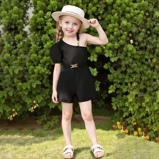 European and American Fashion Girls' Off-Shoulder Strap Jumpsuit Shorts Summer New Children's Short-Sleeve Gold Waist Buckle Clothing