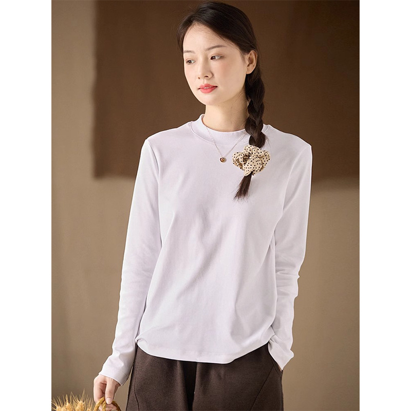 GJCP 100% 면 반하이넥 슬림핏 긴팔 티셔츠 여성 2026 신상 블랙 화이트 레이어드 이너웨어 상의