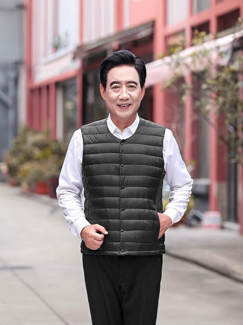 Otoño y invierno padre hombre chaleco de pluma de mediana edad chaleco de cuello redondo chaqueta de hombro delgada abrigo corto cálido