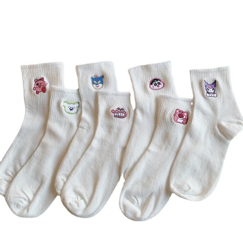 White Embroidered Cartoon Socks for Girls, Instagram Trendy, Versatile Couple Style, Cute Cartoon Student Chunky Socks for Girls