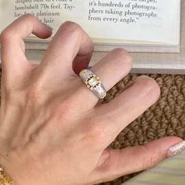 Vintage中古老钱风银色拉丝方钻星芒戒指气质精致感百搭叠戴指环