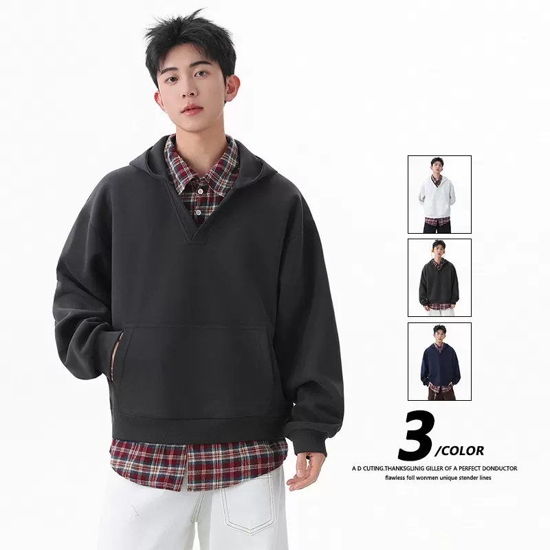 简恒重磅美式格纹拼接连帽卫衣男士秋季慵懒宽松外套休闲运动夹克