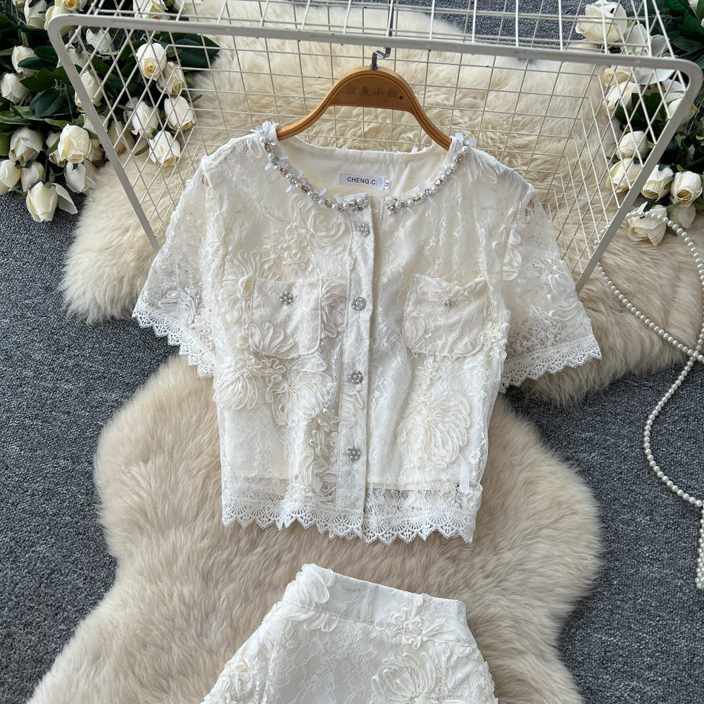 French Style Lace Patchwork Top And Skirt Set for Women Sexy Slimming Temperament Two-Piece Summer Outfit_ecoleips.com
