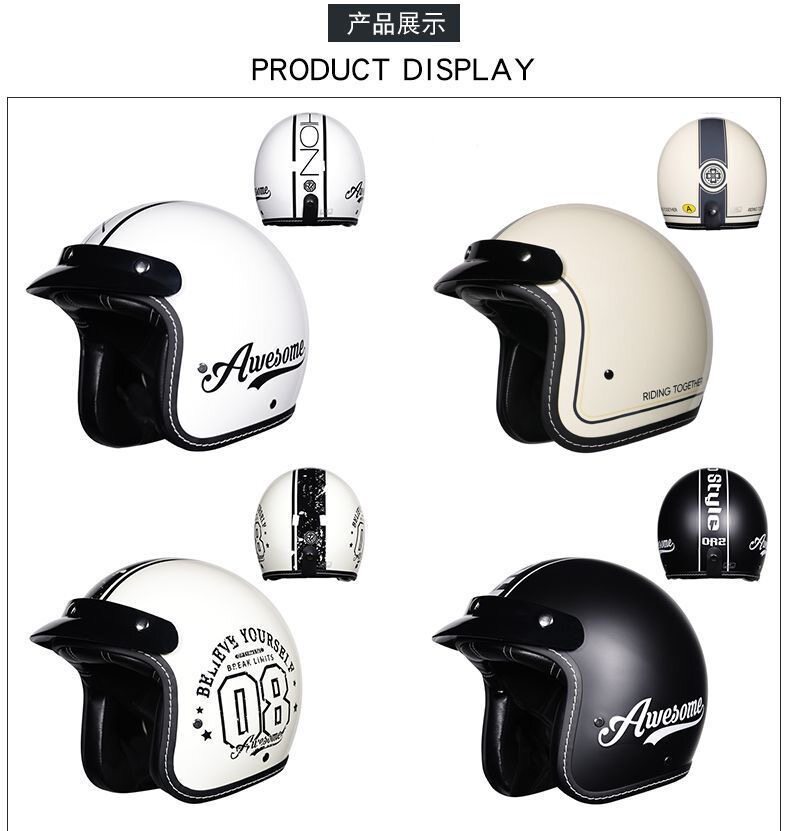 Motorcycle Safety Helmet for Men and Women, 3C Certified 3/4 Helmet, Retro Half Helmet, Motorbike Helmet, Suitable for All Seasons, Can Be Equipped with Bluetooth Headphones