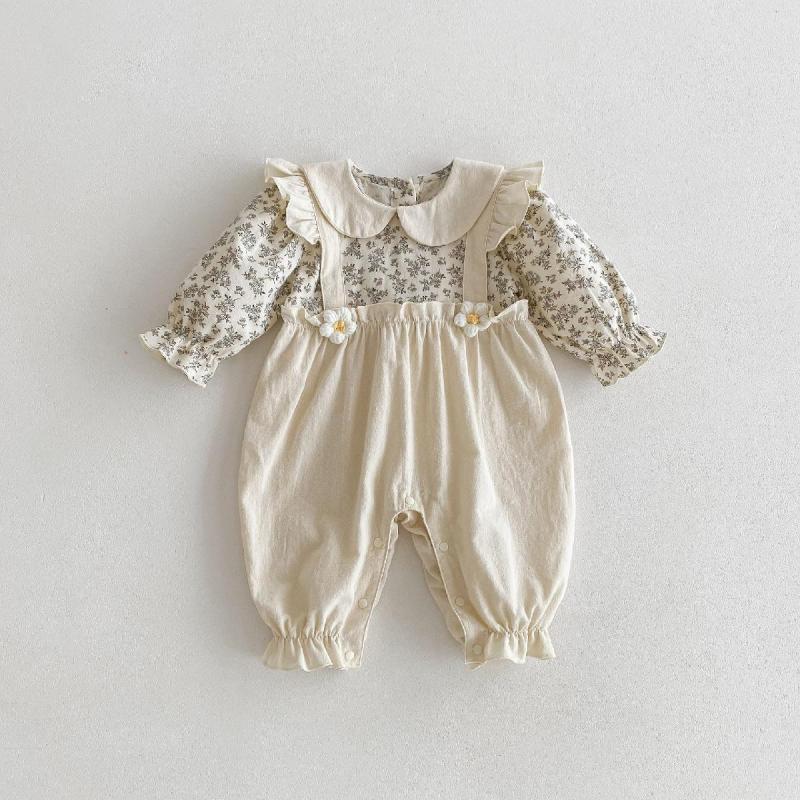 韓国版春秋モデルの女の子の長袖の偽の2つのストラップの連体服の赤ちゃんの洋気の子供の襟の服のファッション|undefined