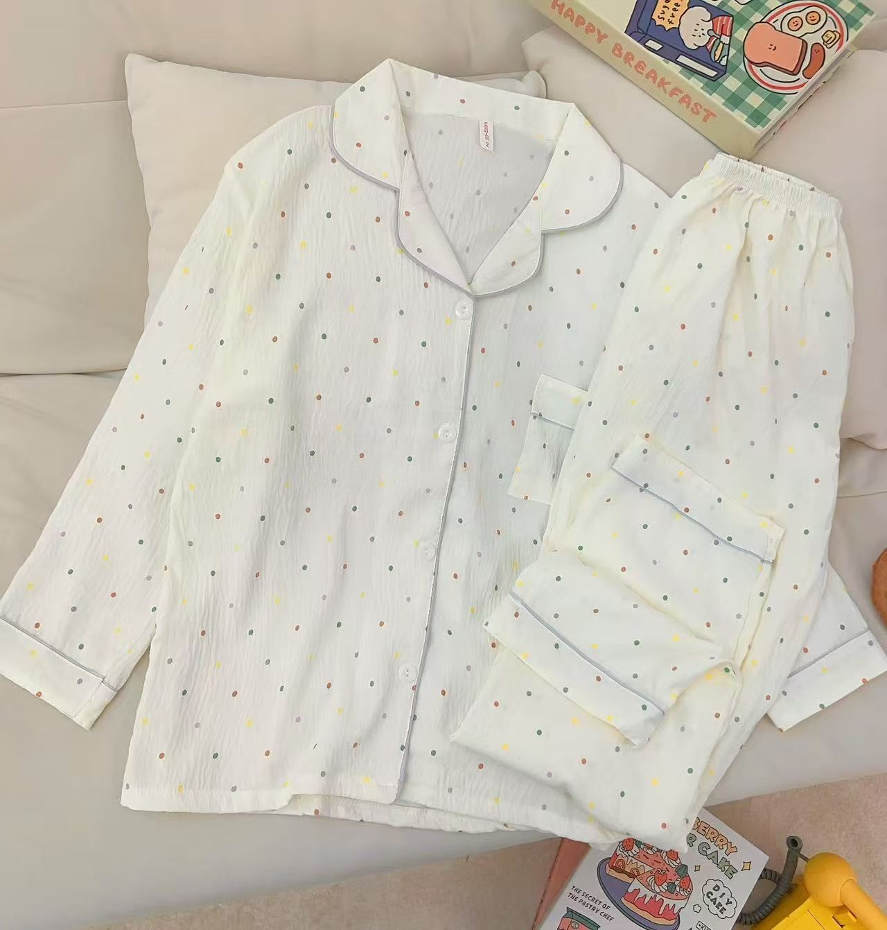 Al por mayor transfronterizo otoño nuevo pijama de manga larga nube de algodón de dibujos animados ropa doméstica de mujer se puede usar con un lindo conjunto de solapa