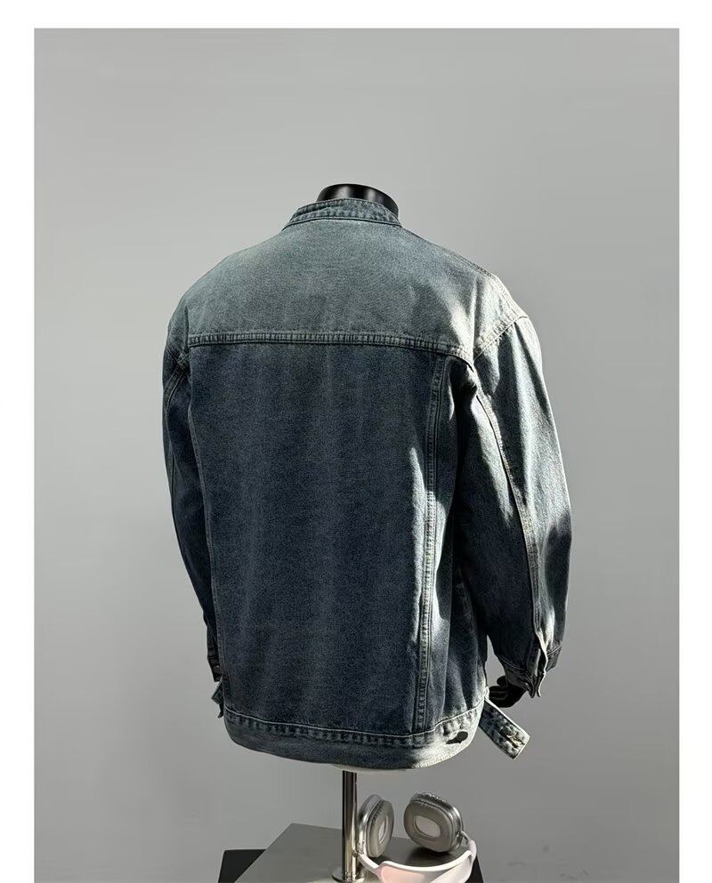 Washed Denim Jacket For Men Vintage Casual Stand Up Collar Coat_voghion.com