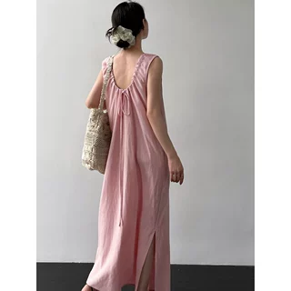 LUXI 日系极简亚麻无袖连衣裙女露背抽绳系带宽松背心长裙子89046