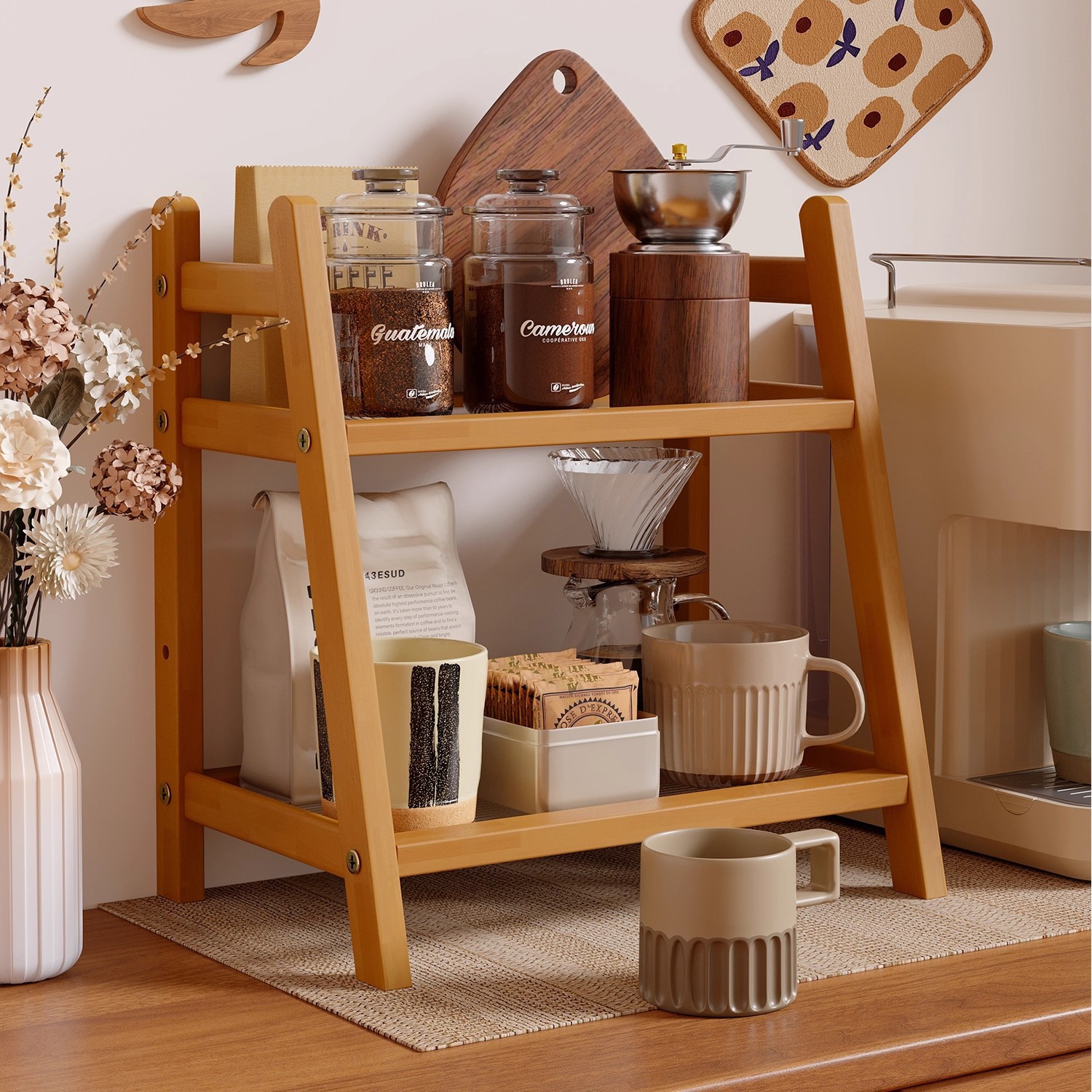 Taza de almacenamiento de estante de comedor de mesa de café taza de té de almacenamiento de mesa de comedor de taza de agua de madera sólida