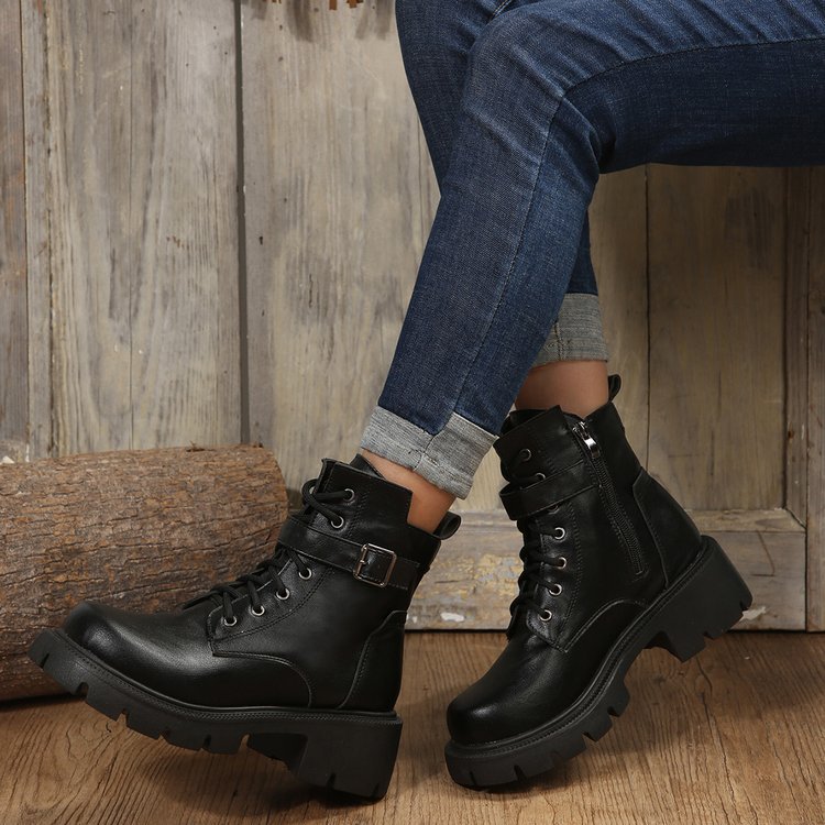 New autumn winter British style motorcycle boots thick soled belt buckle vintage ankle boots plus size_voghion.com