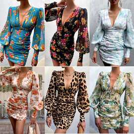 欧美2021秋季新款现货印花 V领裹胸气质泡泡袖包臀短裙连衣裙女装