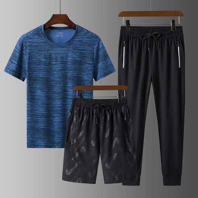 冰丝速干三件套夏季运动休闲套装男速干短袖冰丝长裤大码五分裤潮|ru