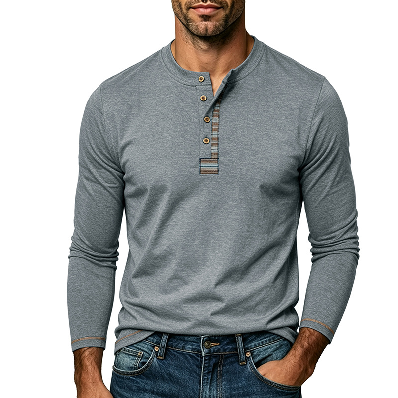 K Men's Round Neck Long Sleeved Tough Guy Henry Collar T-shirt With Four Button Down Base_voghion.com