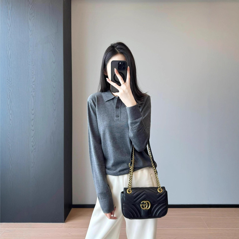 High-Net-Worth Aesthetic! Fine-Spun Wool Half-Open Collar Simple Long-Sleeved Knitwear Elegant Polo Shirt for Women Autumn New 25