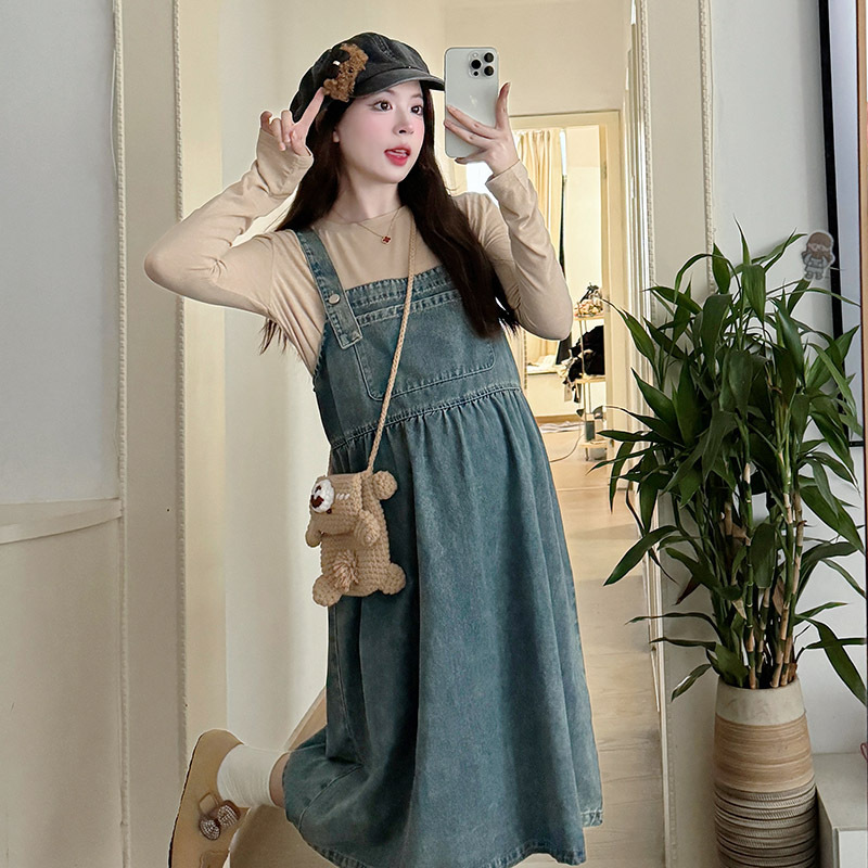 임산부복 봄 가을 서스펜더 데님 드레스 2024 패션 아우터웨어 임산부 투피스 슈트 임산부 스커트 트렌드