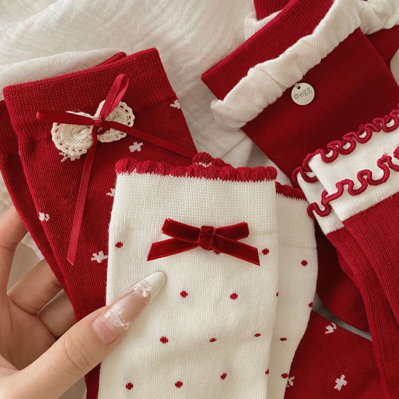 Egg Sweet Girly Red Socks with Bow, New Year Mid-Calf Socks for Women, Cotton Double-Layer Ruffled Trendy Slouch Socks Egg Sweet Girly Red Socks with Bow, New Year Mid-Calf Socks for Women, Cotton Double-Layer Ruffled Trendy Slouch Socks