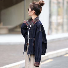 复古格子拼接翻领长袖牛仔外套女秋季新品2025宽松单排扣夹克上衣