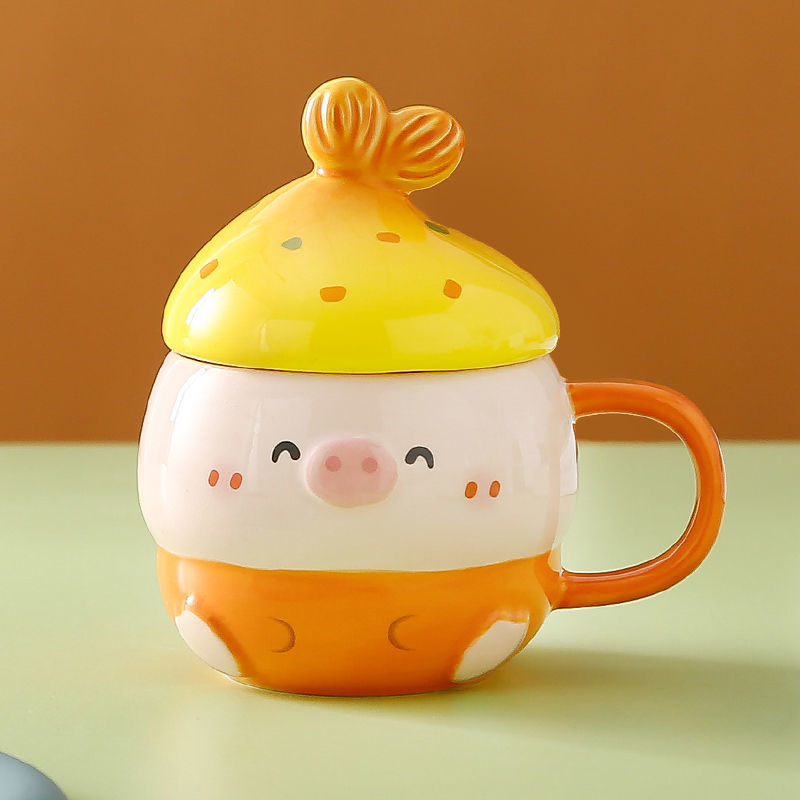 Piggy マグカップ ins 高価値セラミックカップ蓋付きスプーンカップかわいいウォーターカップセラミッククリエイティブカップルカップ|undefined