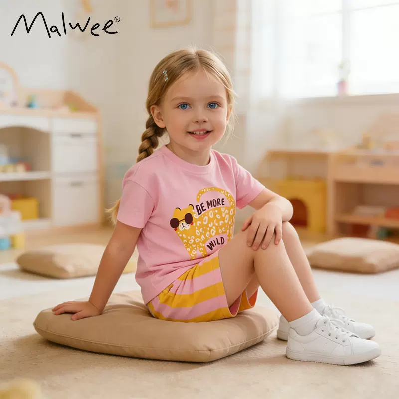 跨境malwee女童套装夏季新款可爱小女孩圆领T恤欧美中小童两件套