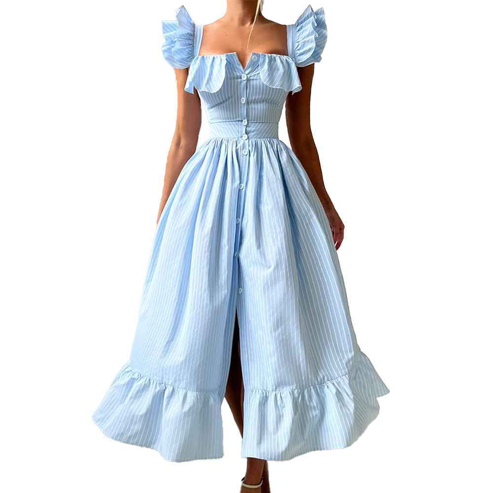 Women's Clothing Striped Dress Button Down Cardigan Waist Cinching Long Dress Summer New Style Flutter Sleeve_ecoleips.com