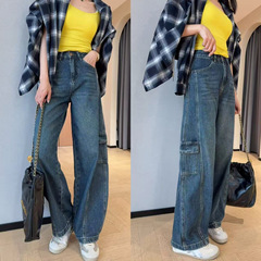 立体拼接工装口袋宽松显瘦高腰弯刀裤阔腿牛仔裤女2025秋K3318L