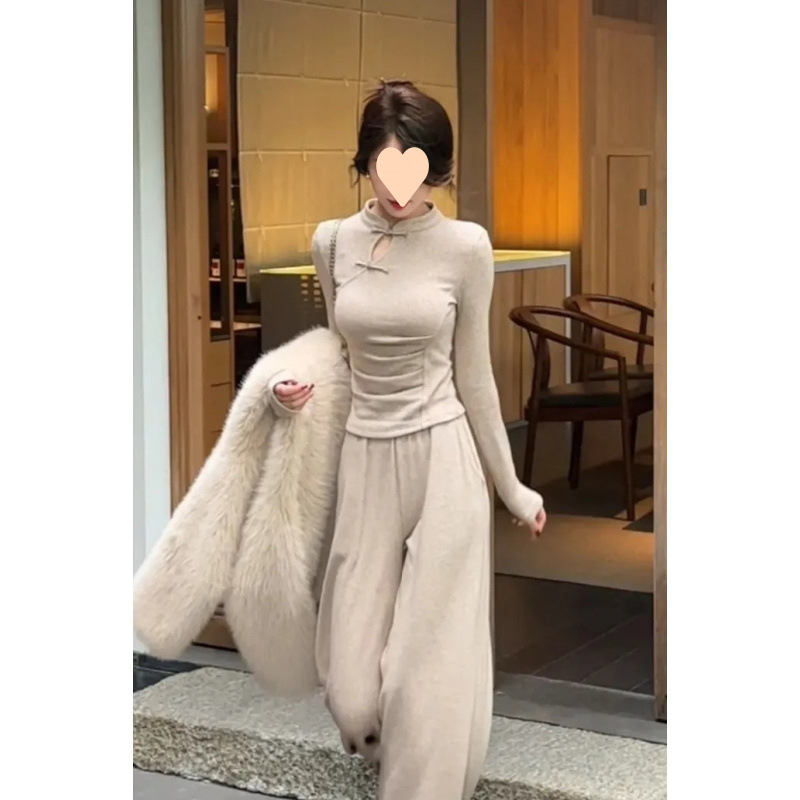 過年新中式國風套裝女秋冬季高級感盤扣褶皺上衣高腰闊腿褲兩件套