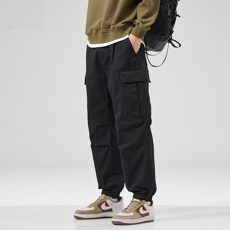 Plus-size American retro loose-fit pure cotton jogger cargo pants for men, autumn and winter multi-pocket casual harem pants